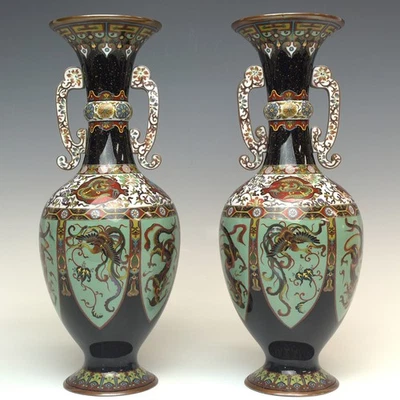 古董Cloisonne珐琅花瓶一对日本明治时代龙凤凰罐12英寸 — 第 1/4 张图片