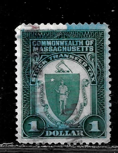HICK GIRL-OLD USED STATE OF MASSACHUSETTS $1.00 STOCK TRANSFER STAMP X5562 - Picture 1 of 2