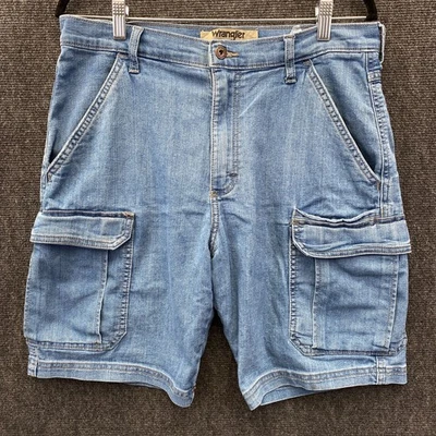 Wrangler Mens Size 32 Cargo Shorts Blue Denim Stretch Mid Rise Pockets Zip Fly - Image 1 of 4