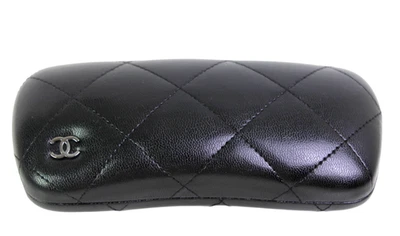 CHANEL QUILTED BLACK LEATHER HARD EYEGLASSES VELVET LINED CASE Size 6"x2 1/2" - Image 1 of 4