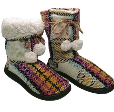 MUK LUKS Women's Gladys Pink & Ivory Plaid Sweater Slippers Size M 7-8 EUC - Image 1 of 4