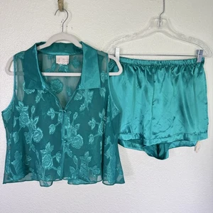 Vintage California Dynasty Pajama Set Womens Large Floral Satin 90s Pjs Lingerie - Picture 1 of 15