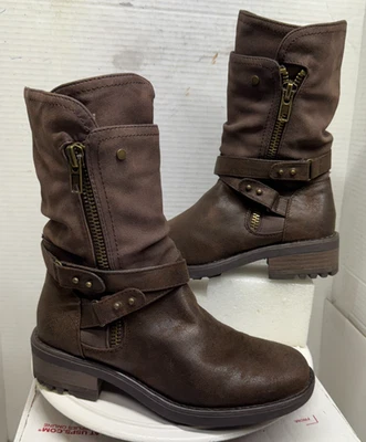 Carlos Santana Sawyer Botas Mujer 7.5M Moto Motociclista Marrón Cremallera Correa Hebilla Taco Foto 1 de 4