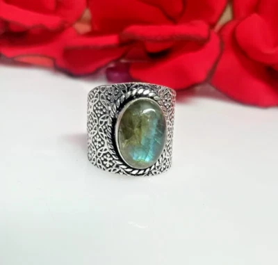 Anillo de piedras preciosas naturales de labradorita de plata de ley 925 hecho a mano anillo joyería Foto 1 de 4