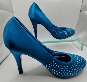 Anne Michelle Petrol Blue Satin Stiletto Shoes In UK Size 6 - Picture 1 of 21