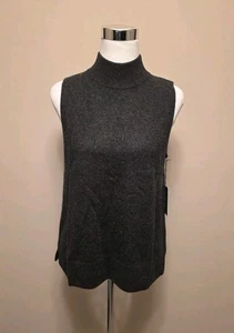 NWT Halston 100% 2-Ply Cashmere Mock neck Sleeveless Dark Gray Top sz L - Picture 1 of 14