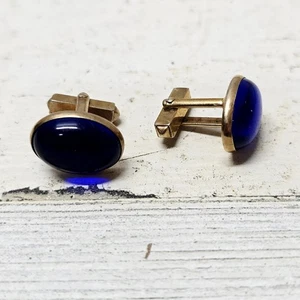 Vintage Swank Oval Blue Glass Stone Cufflinks Jewelry Bullet Backs - Picture 1 of 8