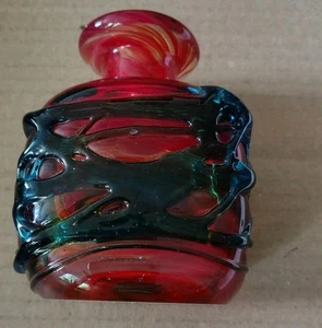 Vintage Mdina Orange Red & Blue Mesh Art Glass Maltese Squat Vase 9.5cm High - Picture 1 of 4