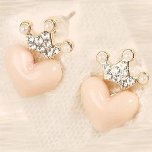 Princess Crown Pink Heart Earrings - NIP - Pierced / Post - Pearls / CZs - Picture 1 of 3