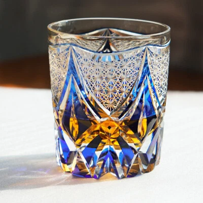 Edo Kiriko Crystal Whiskey Glasses Hand Cut To Clear Blue 9oz Gift Packing - Image 1 of 4