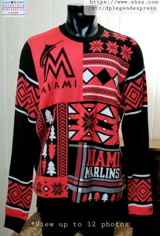 MLB KLEW Miami Marlins Baseball Christmas Holiday Knit Crewneck Sweater Sz XL Cover