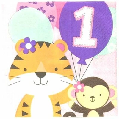 Creative Converting 342083 Tiger and Monkey 1st Birthday Paper Napkins, Multicol - Image 1 of 2