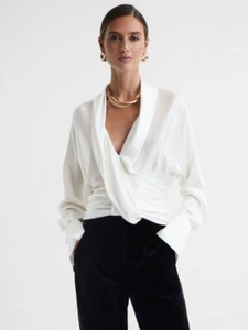 REISS Laila Silk Draped Blouse Top in Ivory - Picture 1 of 6