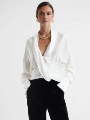 REISS Laila Silk Draped Blouse Top in Ivory - Image 1 of 4