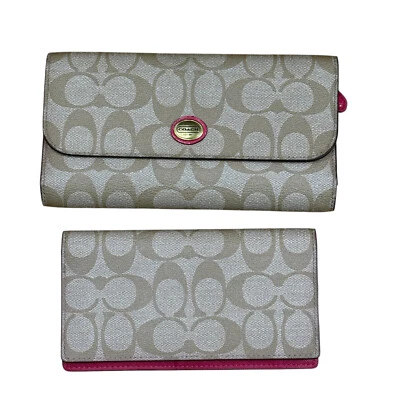 Coach Signature Envelope Wallet & Checkbook Khaki/Pomegranate Canvas 2 Pieces - Image 1 of 4