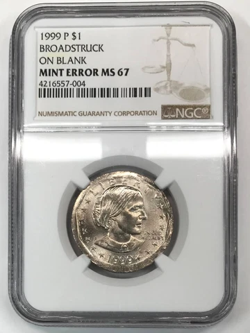 1999 P Susan B. Anthony (SBA) Dollar NGC MS67 US MINT ERROR BROADSTRUCK ON BLANK Cover