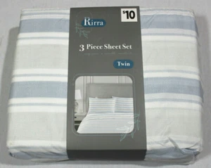 New Rirra Twin Size 3 Piece Sheet Set Blue, Gray & White Stripes - Soft - Picture 1 of 2