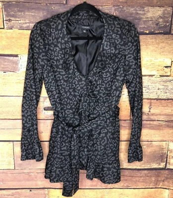 Sandro Studio 设计师夹克黑色灰色动物印花荷叶边领带衬里尺寸 S — 第 1/4 张图片