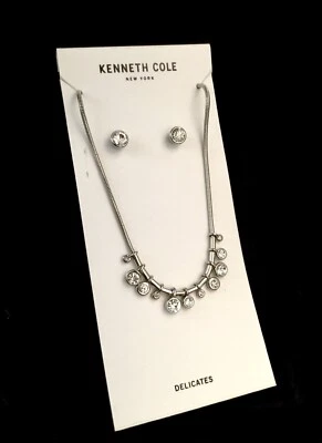 Kenneth Cole Silver Tone w/Cut Crystals Earrings & Necklace 16-18” - Image 1 of 4