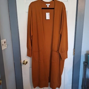 Open Front Duster Cardigan Sweater Womans 3X Mustard Brown Minamalist Lagen Look - Picture 1 of 11