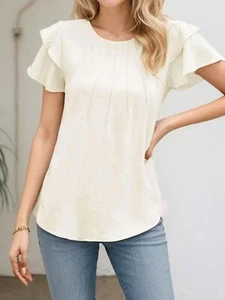Womens T Shirt Ruffle Short Sleeve Pleated Casual Crew Neck Summer Tops Blouses - Picture 1 of 13