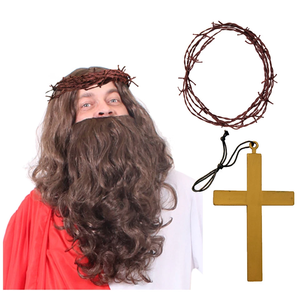 ILOVEFANCYDRESS SET ADULTO GESÙ CRISTO PARRUCCA BARBA CORONA DI SPINE ABITO NATALE RELIGIOSO