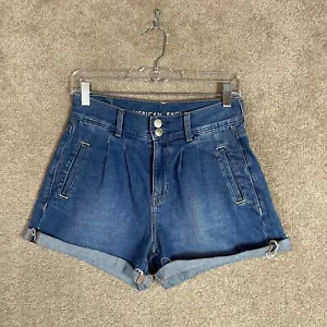 American Eagle Mom Jean Shorts Womens 0 Blue Pleat Front High Rise Cuffed Denim - Picture 1 of 11