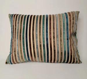 Pier 1 Imports Velvet Striped Lumbar Pillow Peacock Colors Zipper Close Down - Picture 1 of 8