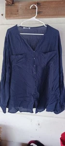 Ladies 1X Button Down Navy Blue 3/4 Sleeve Blouse (B1) - Picture 1 of 3