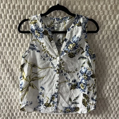Joie Sleeveless Blouse Floral Tank Top 100% Linen Flax Button Front V-Neck Small - Изображение 1 из 4
