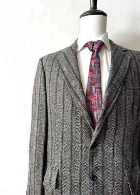 Abrigo Chaqueta Deportivo Vintage Años 60 Para Hombre 42L Largo Tweed Rayas Espiga Gris Lana Foto 1 de 4