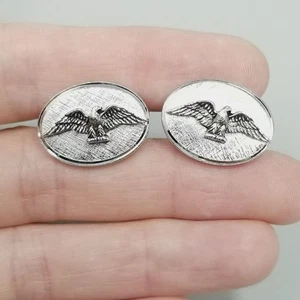 Vintage Eagle Cufflinks Oval Silver Tone Bullet Back Wings Outstretched Shields - Picture 1 of 8