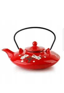 Ceramic Japanese Tea Pot Style,Ceramic Flat Jug,Red Decorated ,Tea Infuser, Gift - Picture 1 of 3