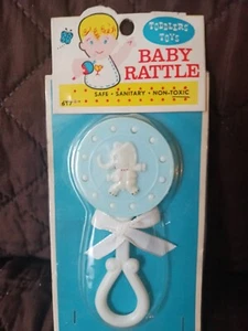 Vintage Baby Rattle Elephant Blue /White Unopened Toddlers Toys Stahlwood Toy  - Picture 1 of 3