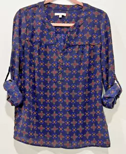 Blusa mediana Skies Are Blue para mujer manga enrollable geométrica Henley Career - Imagen 1 de 13