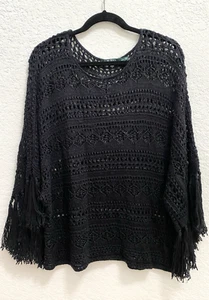 Ralph Lauren Black Crochet Knit Pullover Short Sleeve Sweater With Fringe L / XL - Picture 1 of 15