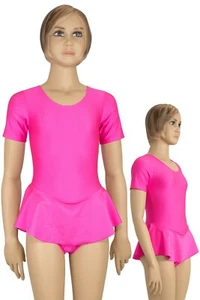 Kids gymnastics suit short sleeves with skirts ballet suit stretch shiny bodysuit - Picture 1 of 25