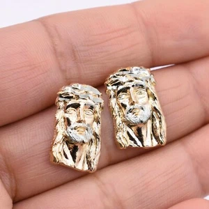 3/4" Textured Jesus Stud Earrings Real 10K Yellow White Gold - Picture 1 of 8