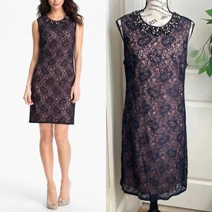Adrianna Papell Lace Beaded Sleeveless Cocktail Dress Navy Pink Sz 10 - Picture 1 of 16