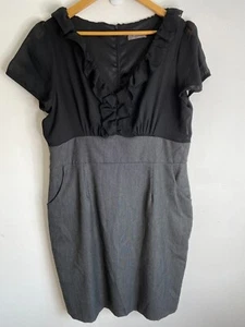 Jacqui E Dress Womens Plus Sz 16 Black Grey Ruffle Cap Sleeve Pocket V-Neck Zip - Picture 1 of 16