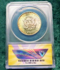 1964 ANACs MS 65 Kennedy Silver Half Dollar, PINK, BLUE COLOR TONE, 50-Cent Coin - Picture 1 of 7