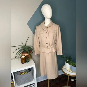 Vintage 60s Mod Beige Wool Shift Dress & Jacket Set ILGWU Union Made Size Small - Picture 1 of 16