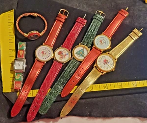Lot of 7 Novelty Christmas Watches untested Santa Tree Red Gold Green used - Picture 1 of 7