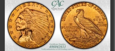 1927 INDIAN HEAD QUARTER EAGLE $2.5 GOLD CAC CACG MS62+  Plus - Image 1 of 3
