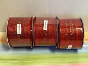 NEW 3 rolls wired edge ribbon 2.5” x 30’ red sheer glitter striped - Picture 1 of 4