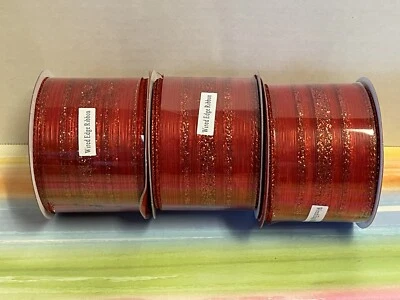 NEW 3 rolls wired edge ribbon 2.5” x 30’ red sheer glitter striped - Image 1 of 4