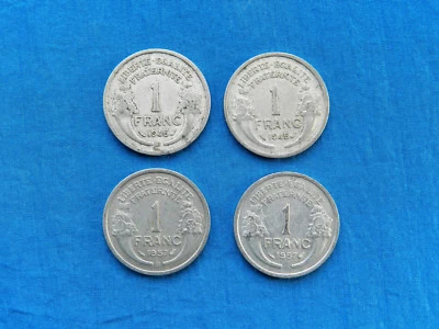 Juego de 4 monedas de 1 franco Francia posteriores a la Segunda Guerra Mundial *1945, 1957* *VF-XF* Foto 1 de 2