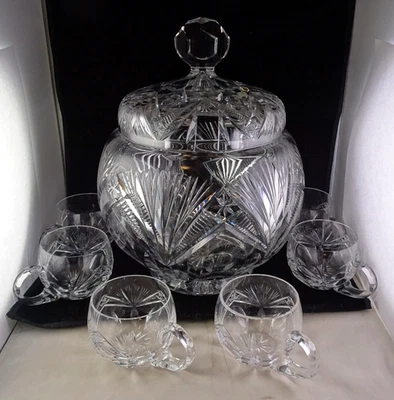 Gorham Rosewood (Older) Crystal Punch Bowl w/Six Cups Excellent Condition - Image 1 of 4