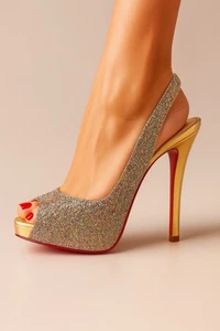 Christian Louboutin Very Prive Slingback Glitter Heels 37 Gold Red Sole Peep Toe - Picture 1 of 16