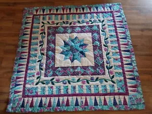Hand Quilted Floral Lap Blanket Wall Hanging Purple Blue White Prairie Points - Picture 1 of 10